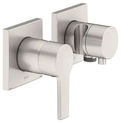 Wandmontierte Badezimmerarmatur mit zwei Steuerhebeln in mattsilberner Oberfläche, passend für moderne Badezimmer.